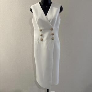 Thick White V-Neck Sleeveless Blazer Dress w/ Gold Buttons - Size Med